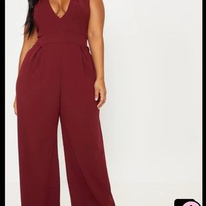 Pretty Little Thing, Plus Burgundy Plunge Wide Leg Jumpsuit
